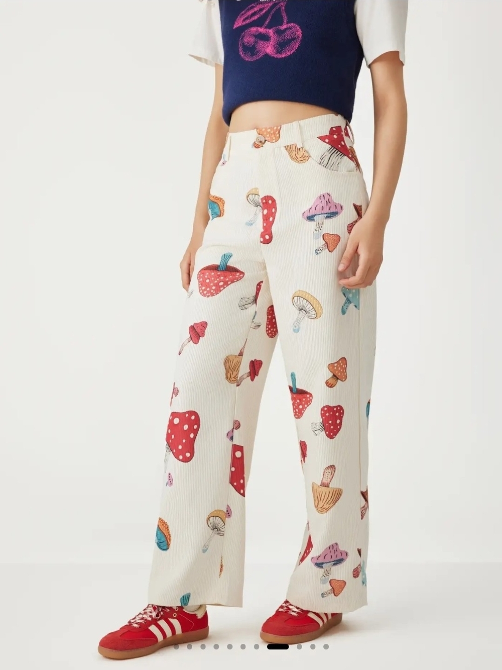 Cider Cream Wide-Leg Pants with Multicolor Mushroom Print